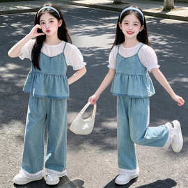 女童夏季套装2026新款洋气女孩薄款吊带牛仔背心阔腿裤三件套衣服