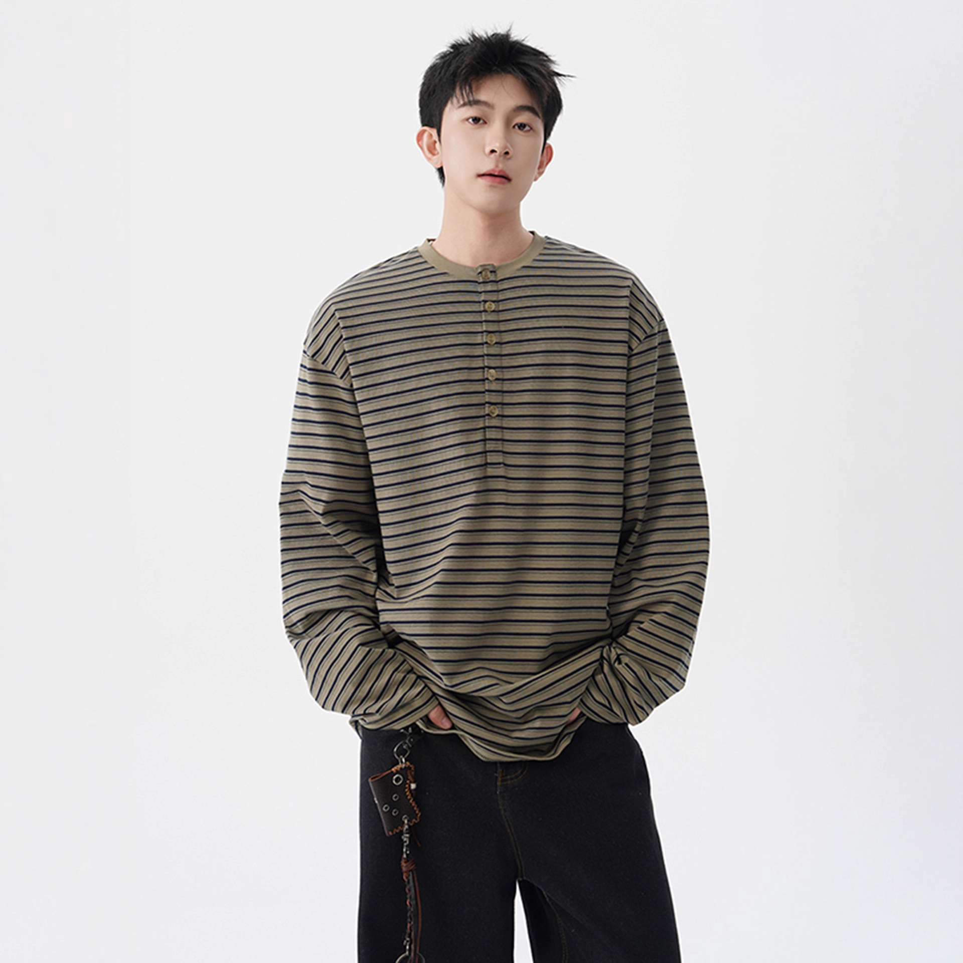 亨利领条纹长袖T恤男士春秋季美式复古内搭打底衫慵懒松弛感上衣