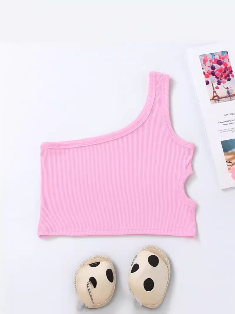 Nuevo chaleco de verano para niños hombro único cintura abierta en el mismo lado chaleco de cintura de chicas fabricantes de tendencia europea y americana cabello recto