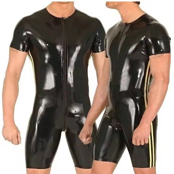 Latex Catsuit with Round Neck, Front Opening, Crotch Zipper, and Side Stripes