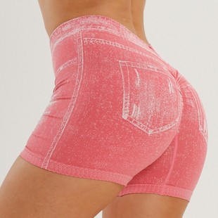 Cross-Border Best-Selling Imitation Denim High-Elastic Wrinkled Shorts European and American Seamless Fitness Running Sports Quick-Drying Pants for Women