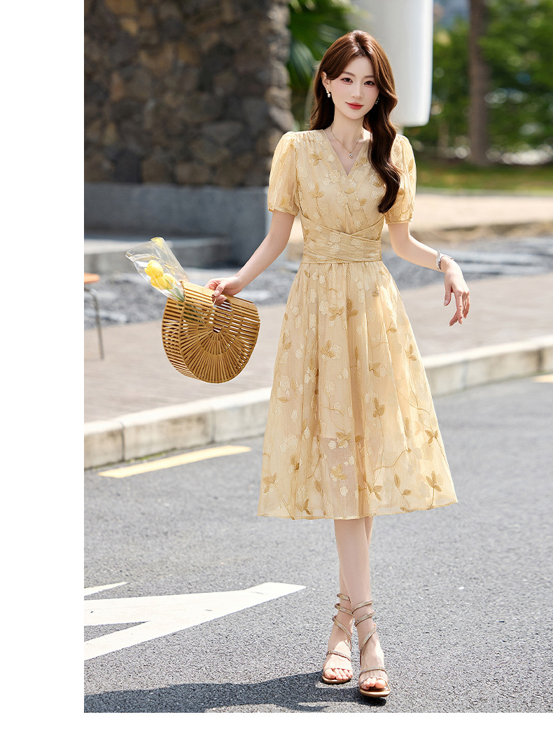 Đầm maxi nữ thắt eo tay bồng họa tiết hoa nhỏ cổ chữ V phong cách tea dress — Màu hồng, màu vàng chi tiết 8