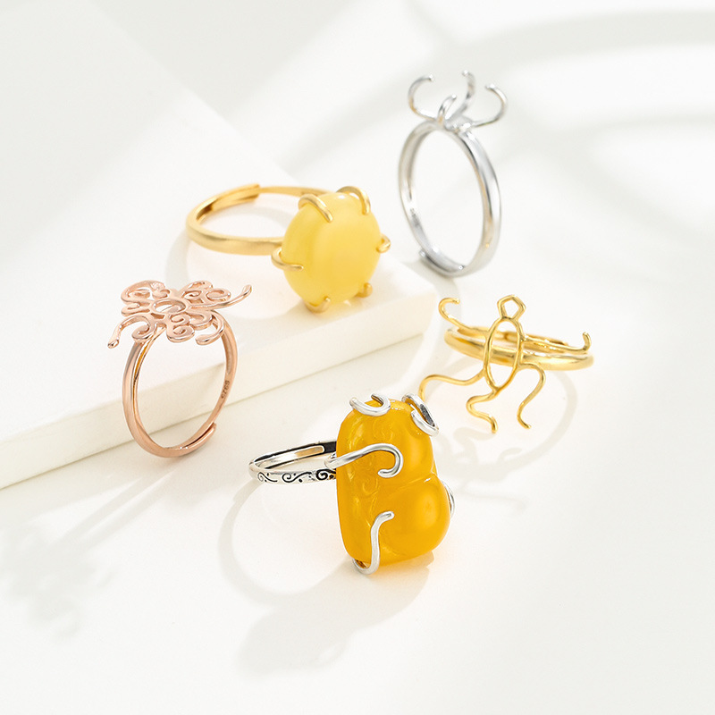 S925 anillo de plata titular vacío hembra 18K oro DIY cera de abejas ámbar turquesa anillo titular vacío con forma anillo titular