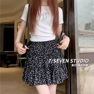 黑色碎花短裙女波點半身裙2025新款夏季小個子高腰a字蓬蓬蛋糕裙