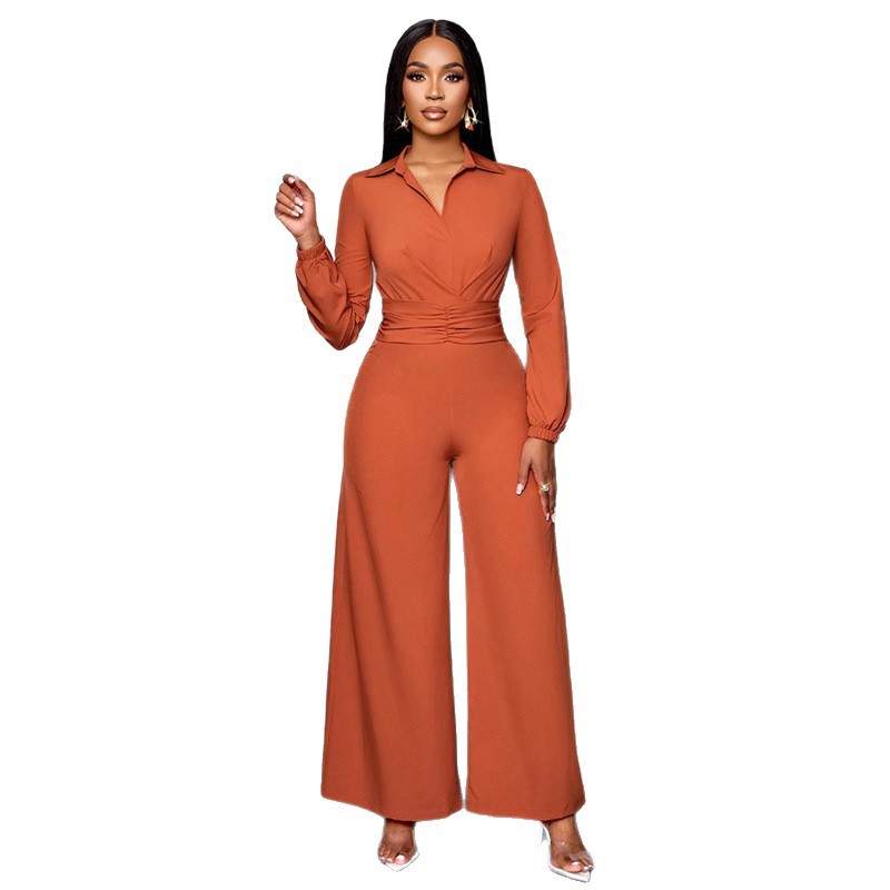 2025 otoño nuevo comercio exterior Europa y Estados Unidos ropa de mujer de color sólido manga larga collar cintura delgada piernas anchas pantalones