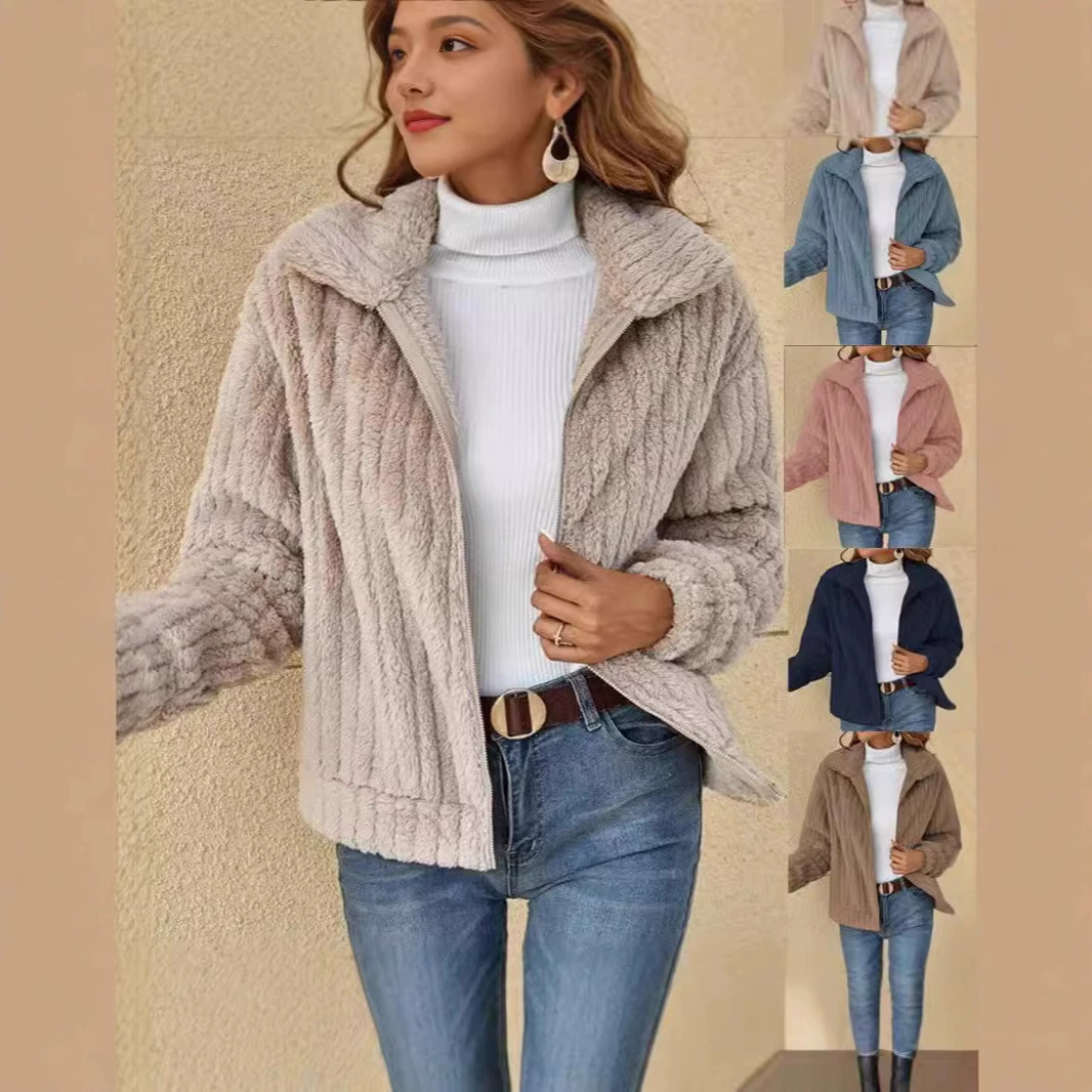 Женская одежда Amazon: европейский и американский стиль, новинка осень-зима 2025, плюшевый кардиган с лацканами, короткая куртка