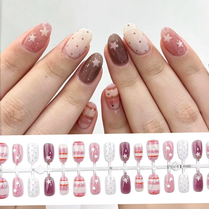 Pink-Purple Spring and Summer Hot-Selling Short Oval Star Glitter Nail Stickers with Polka Dots, Korean-Style Sweet Gradient Nail Patches