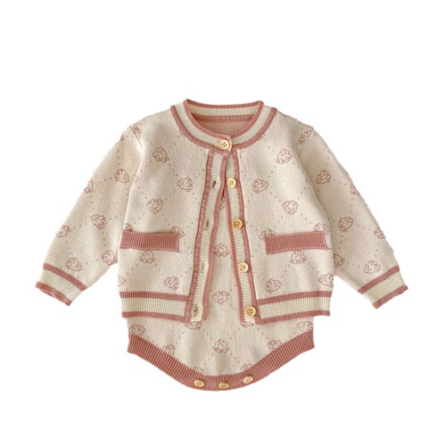  Autumn Clothes for Infants and Girls Cute Bear Head Jacquard Knitted Jacket + Strap Harness 2-piece Set