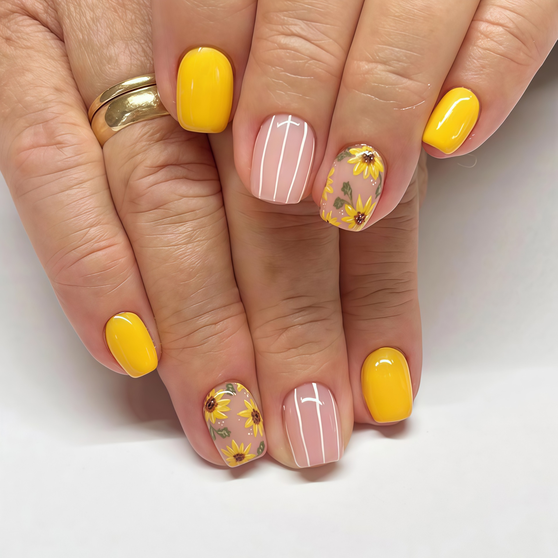 Short Glossy Square Nails European and American Cross-Border Export Autumn and Winter New Style Gentle Yellow Sunflower Flower Wearable Nails 24 Pieces