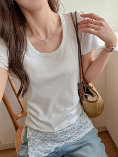 Factory Korean version u-neck slim short-sleeved t-shirt for women with design hem lace pure lust style bottoming slim inner top