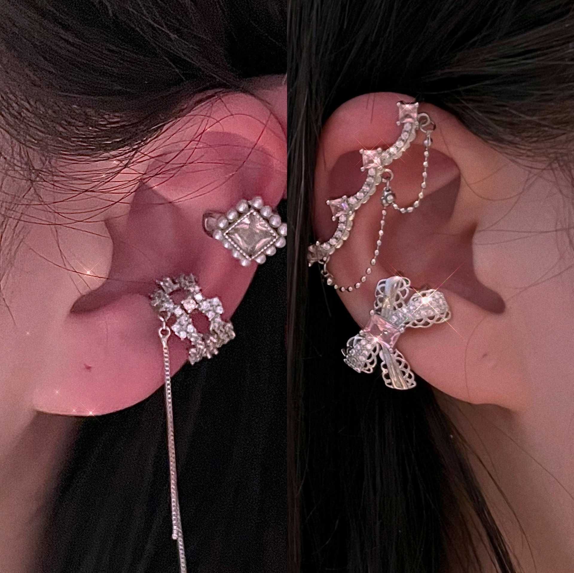 Fashion Pink Diamond-studded Tassel Alloy Ear Bone Clip display picture 1
