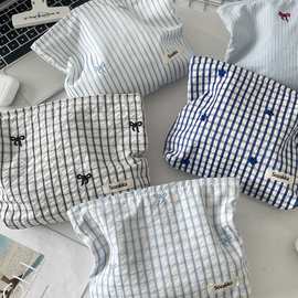 57192 格纹蓝色系刺绣小花化妆包女口红收纳包气垫补妆袋收纳袋