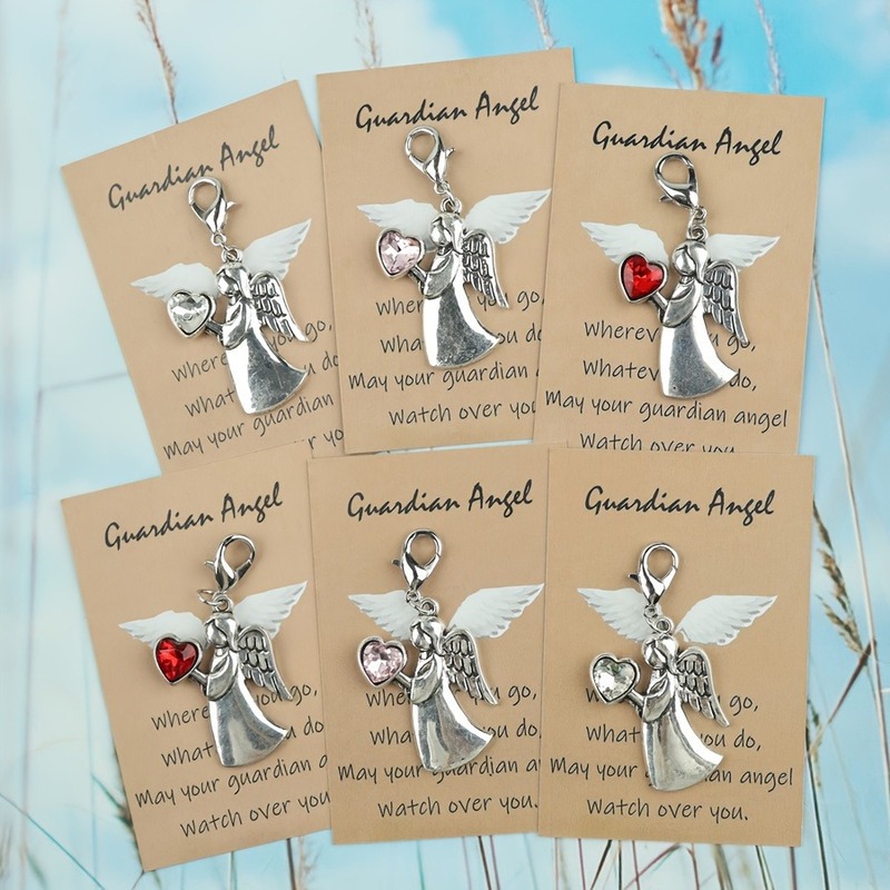 Cross-Border Popular Elf Heart Rhinestone Guardian Angel English Blessing Card Silver-Plated Keychain Bag Pendant for Girls