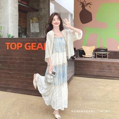 波西米亚风撞色提花拼接吊带连衣裙套装女2025夏季新款开衫两件套