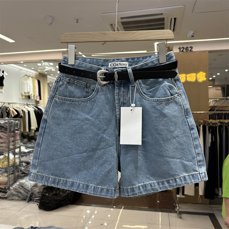 水洗夏季新款深蓝色高腰阔腿牛仔短裤女A字阔腿遮肉显瘦休闲热裤|undefined