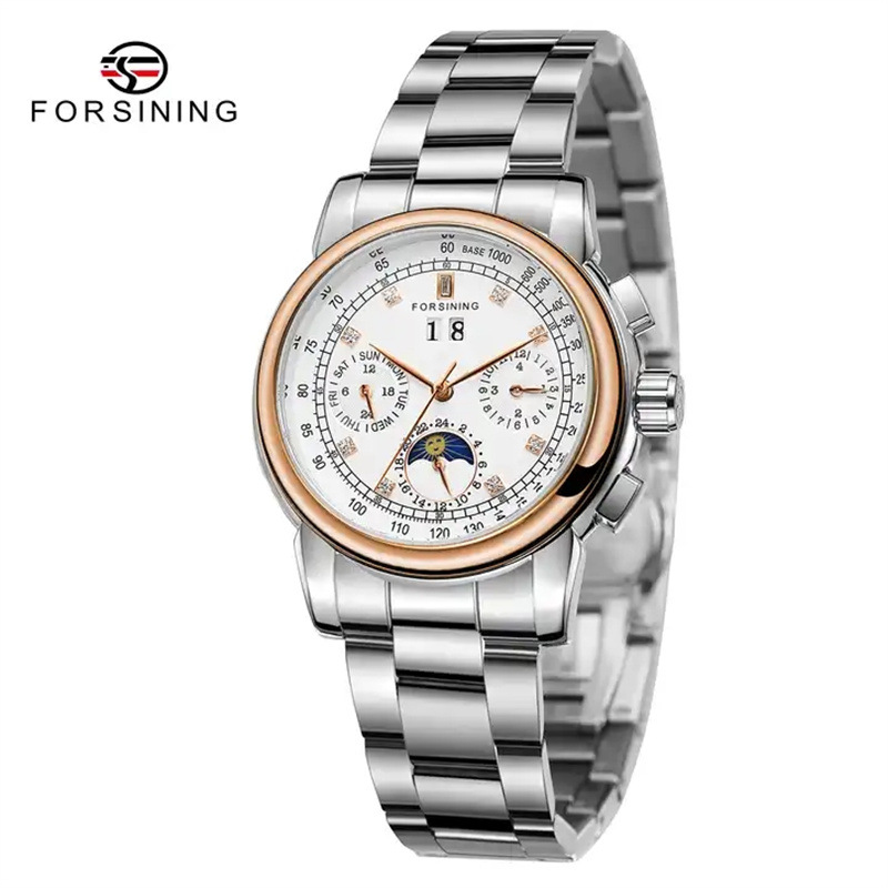 Forsining mujer moda casual movimiento mecánico multifuncional reloj mecánico automático correa de acero Sun Moon Star