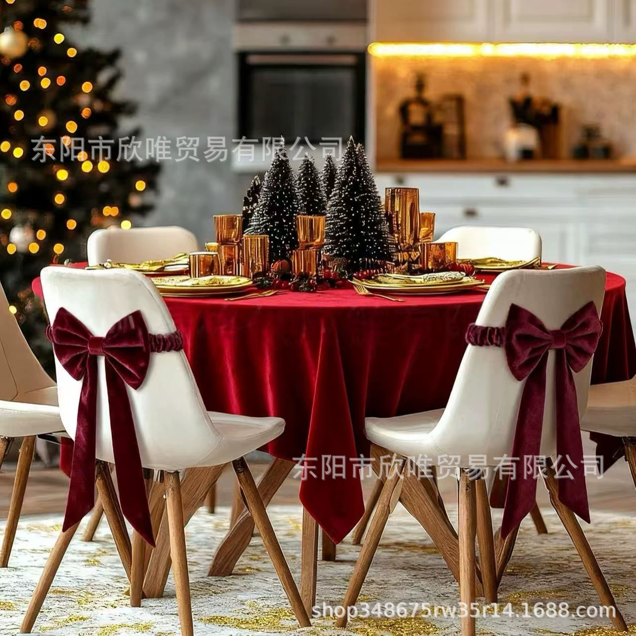 跨境Christmas Red Chair Bows for Chairs圣诞酒红色椅套蝴蝶结