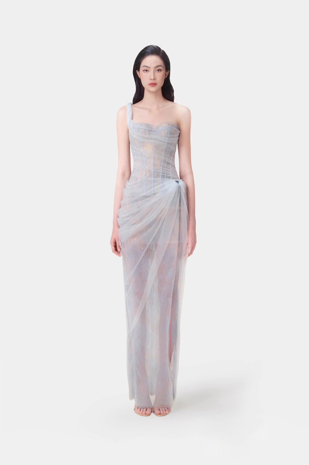 Sofisticato abito bustier in pizzo con corsetto, rete trasparente e vita alta – Elegante abito midi a trapezio per serate e occasioni speciali_voghion.com