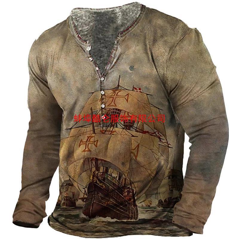 2022 retro hombres 3D digital placket abierto de siete botones Camiseta de manga larga de los hombres de guitarra patrón transfronterizo estación independiente