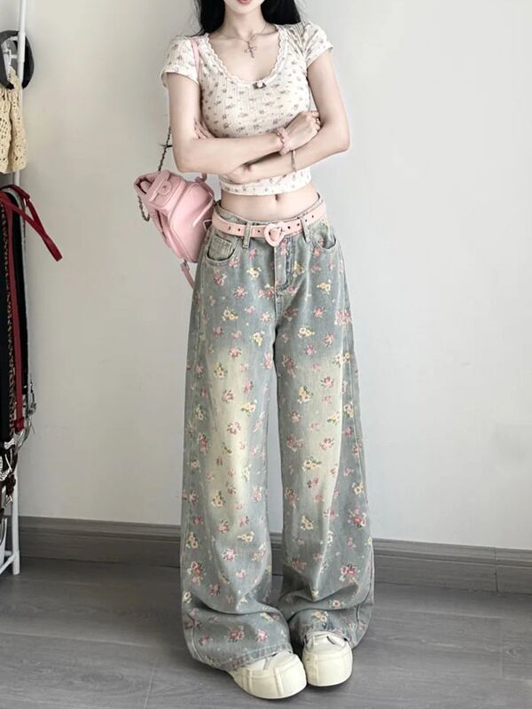 小个子美式复古碎花高腰阔腿牛仔裤女宽松显瘦直筒裤垂感拖地长裤|undefined