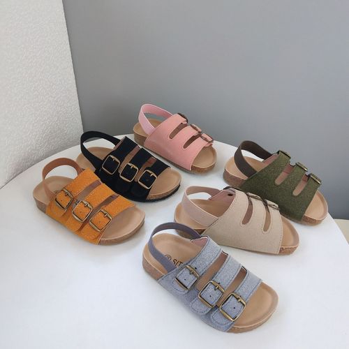 2024 Spring New Korean INS Style Children's Roman Sandals for Boys and Girls, Wood Toe Simple Style Beach Shoes