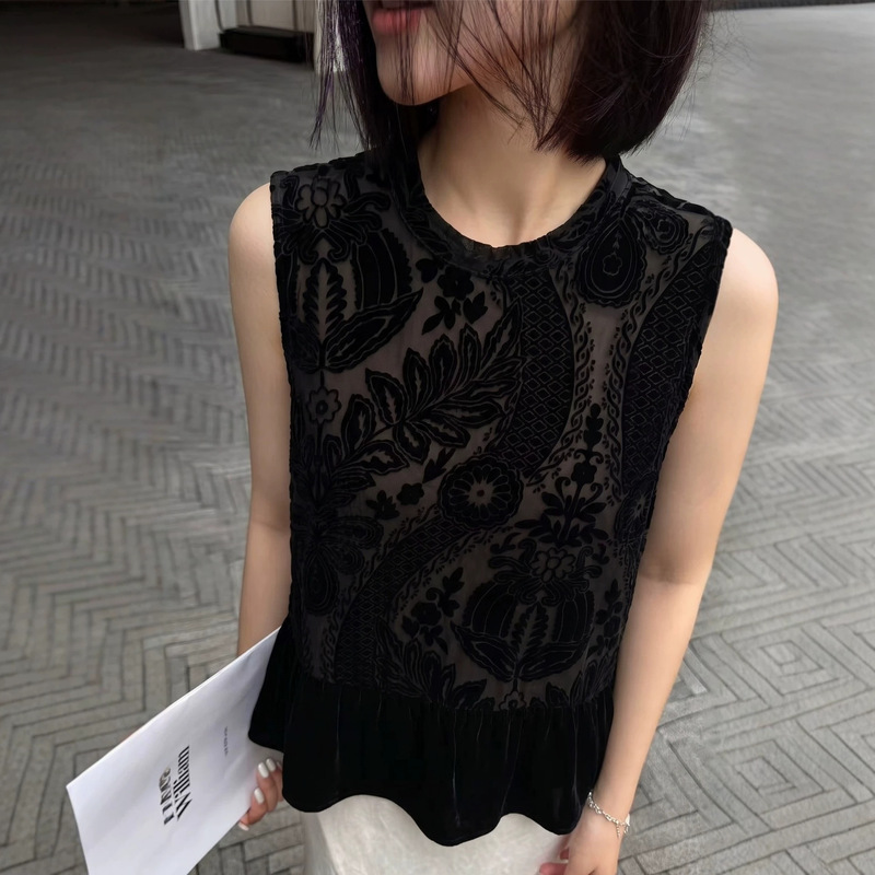 2026 New Product New Chinese Style Retro Silk Velvet Burnt Flower Hem Ruffle Top Age-Reducing Fashion Sleeveless Shirt