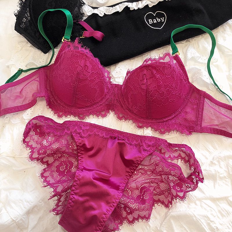Dopamine Color French Lace Thin Soft Steel Ring Large Chest Small Push-up Contrast Underwear suit Sexy Bra