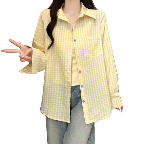 Korean-style fresh blue checkered women's spring and summer loose layering casual long-sleeved sun protective top