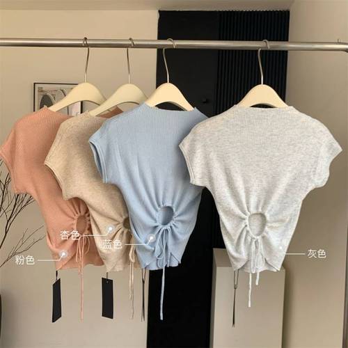 Summer Short-sleeved T-shirt Top Drawstring Waist Loose Slimming Knitted Shirt Short Style Slim-fit Thin Base Shirt for Women
