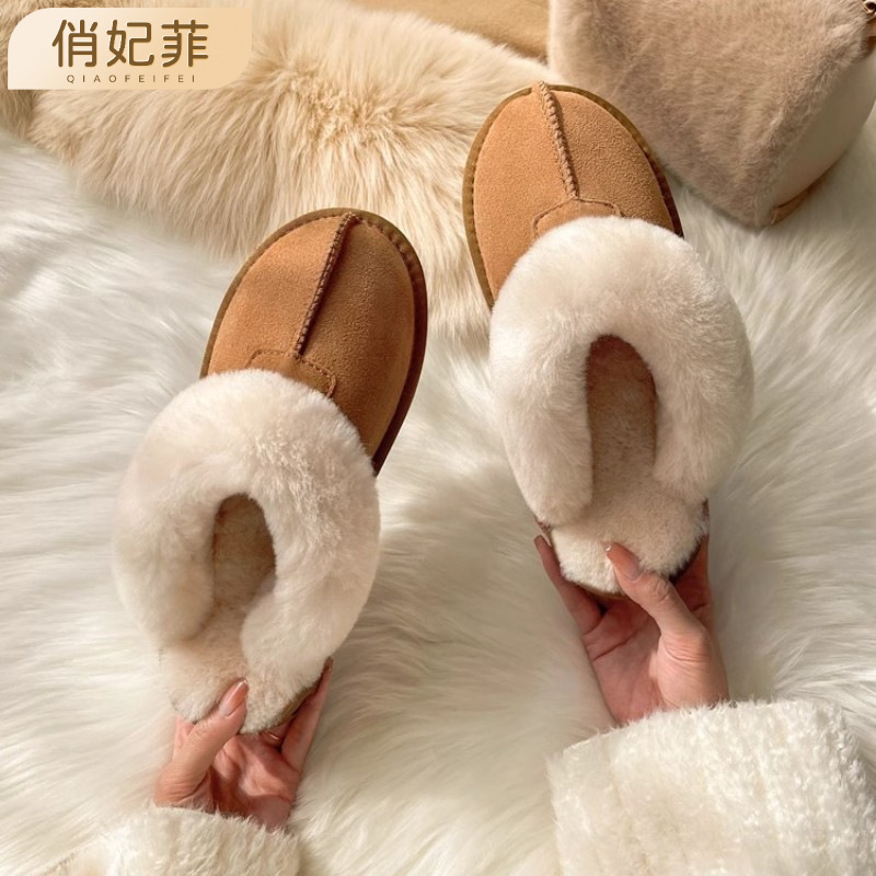Qiaofei Fei Winter Shoes with Plush Lining, Thick-Soled Snow Boots for Women, Wool Slippers for Women, Outdoor Closed-Toe Cotton Slippers for Women