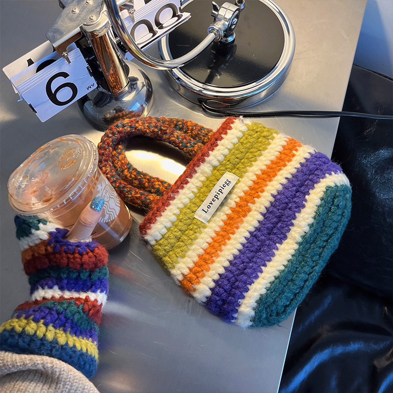 Autumn Winter New Warm Knitted Retro Rainbow Wool Korean Ins Trend Bag Gloves Hat Three-piece Set_voghion.com