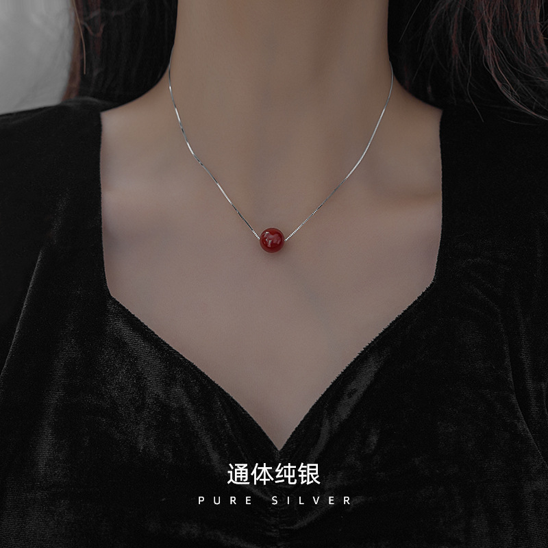 S925銀原礦硃砂項鍊本命年簡約紅圓珠吊墜女氣質鎖骨鏈生日禮物