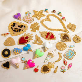 跨境不锈钢饰品配件豹纹大爱心滴油蝴蝶方牌优雅美人鱼DIY配饰