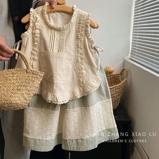Girls Pure Cotton Forest Style Embroidered Edge Vest Shirt Korean Style Children's Clothing 2025 Summer New Style Sleeveless Thin Top