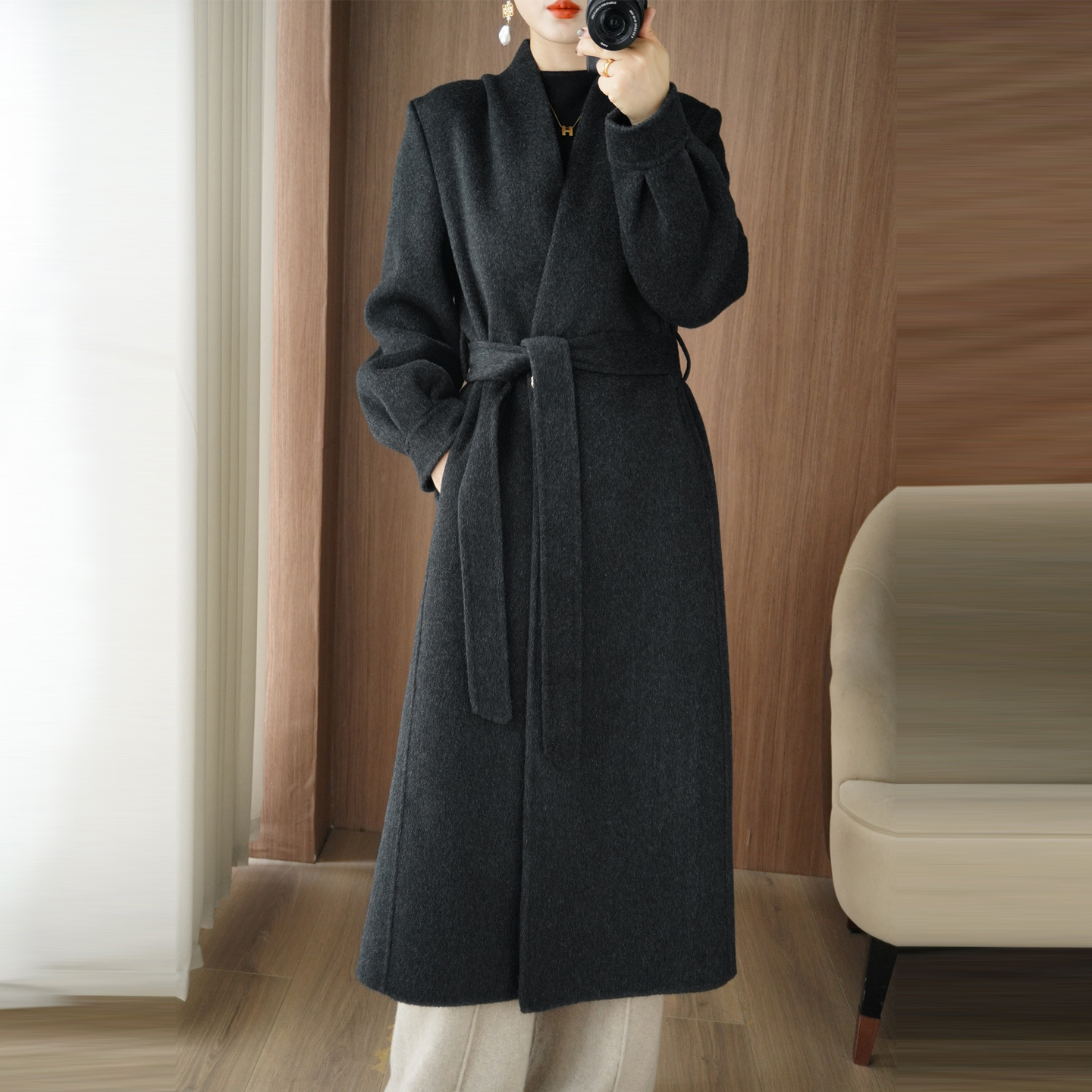 2025 Autumn and Winter Long V Neck Double-Sided Woolen Outwear Women's Lace-Up Elegant Woolen Outwear High-End