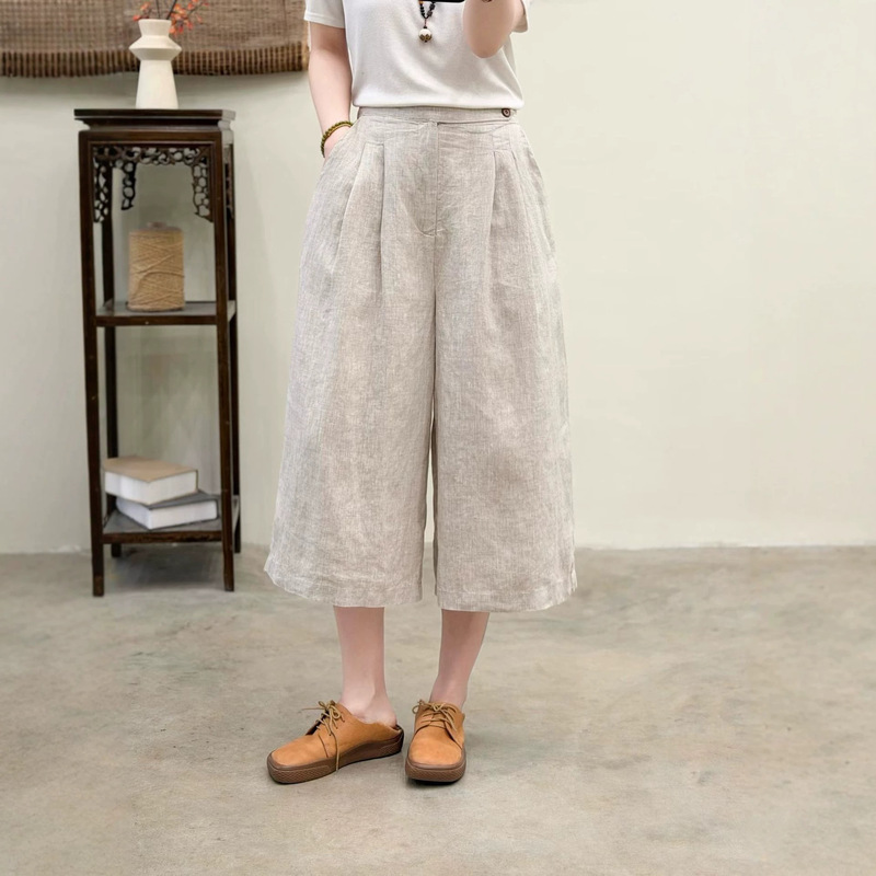 Artistic Linen Semi-Elastic Waist Casual Cropped Wide-Leg Pants for Women 2026 Summer New Versatile Casual Pants