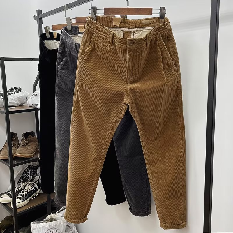 Autumn and Winter Thick Heavyweight Retro Corduroy Trousers for Men Slim Straight Business Casual Versatile Warm Trousers for Men