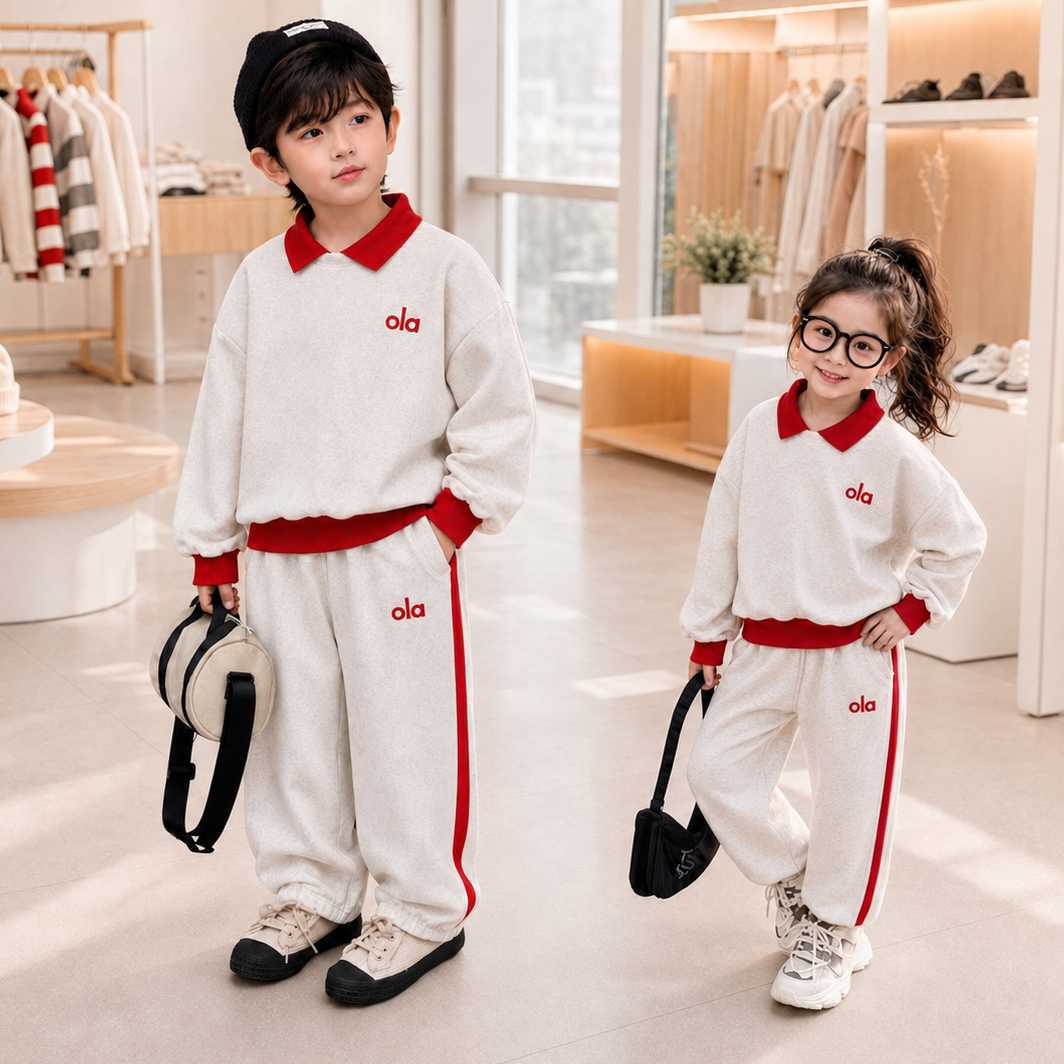 New Spring and Autumn Children's Color-Block POLO Collar Two-Piece Set, Casual, Comfortable, Stylish, Loose-Fitting Sports Outfit for Boys and Girls