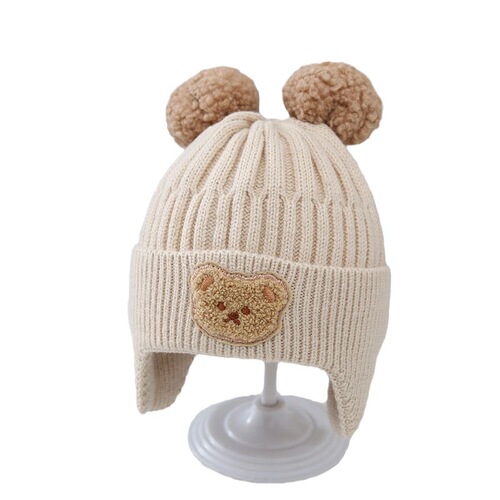 Baby hat, cute bear knitted ear cap, children's winter thick warm wool hat, Korean infant hat