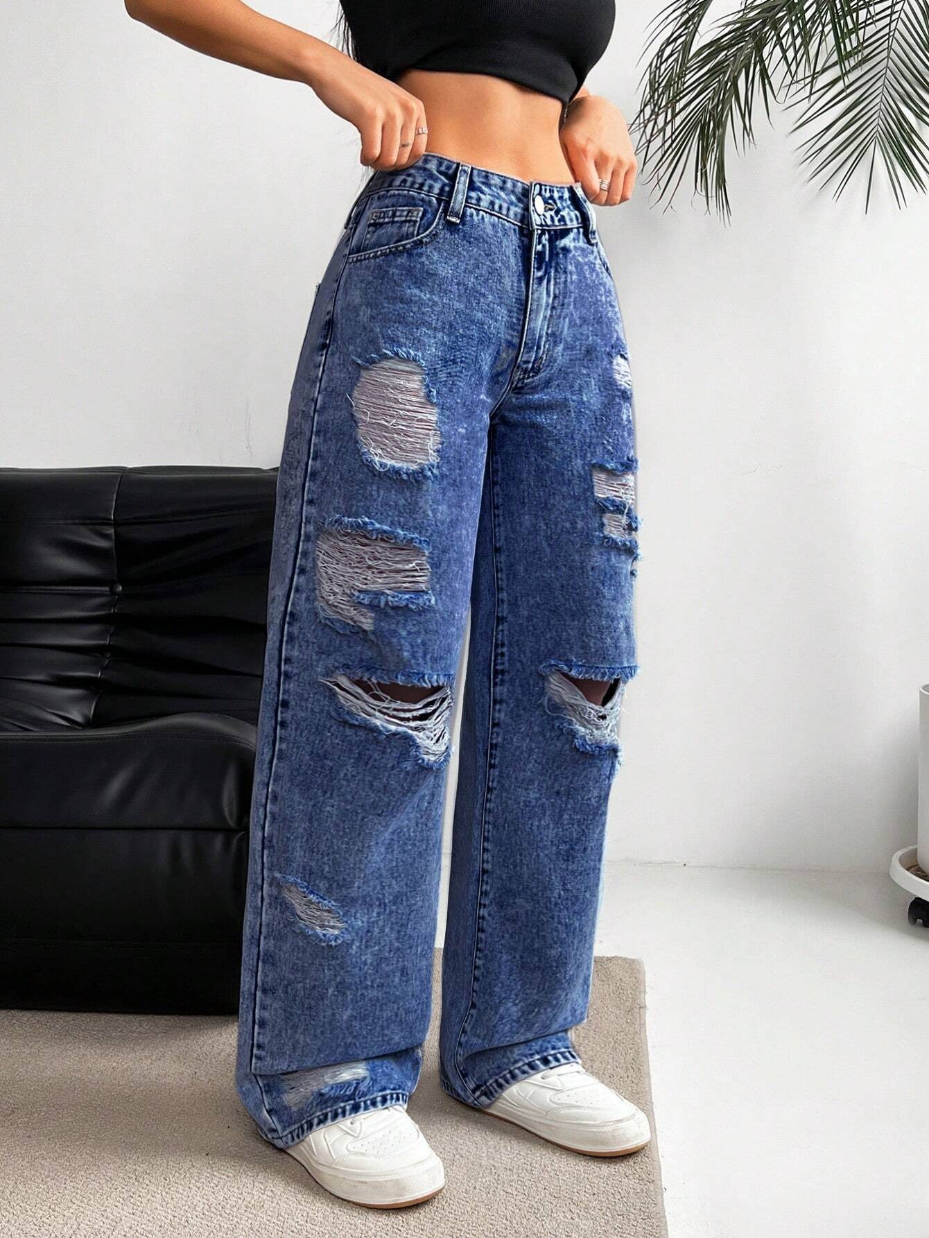 ​​Women's Relaxed Fit Straight Leg Jeans - Vintage Washed Denim, Wide Leg Comfort, Street Style Casual Pants For Everyday Wear​​_ecoleips.com