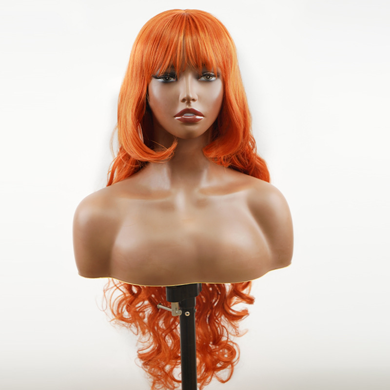 Synthetische Perücke, Ingwer-Orange, langes lockiges Haar mit großen Wellen, geradem Pony und Koteletten-Perücken_voghion.com