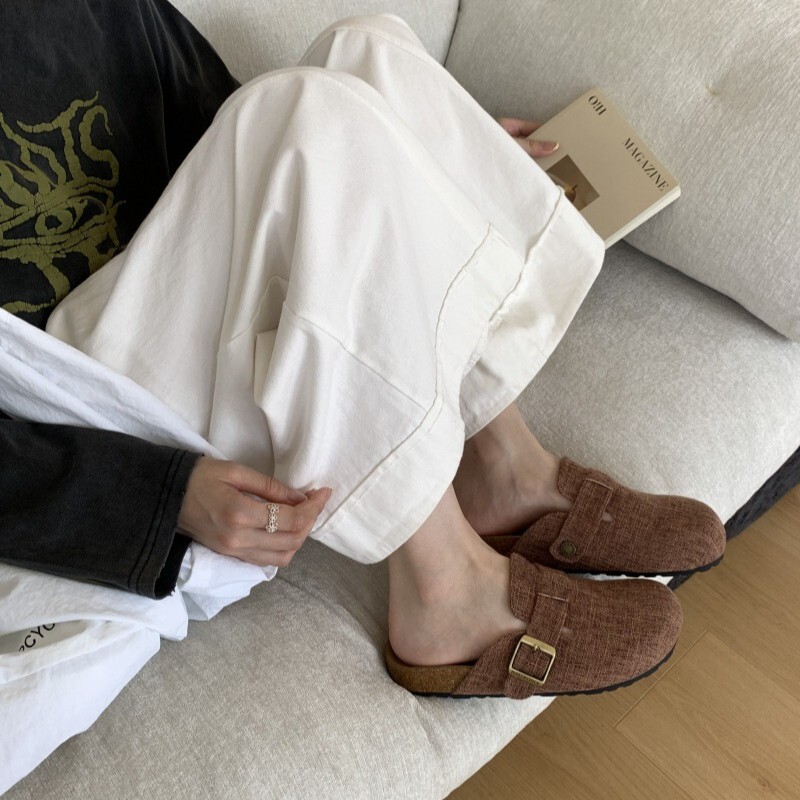 韩版女鞋包头半拖鞋外穿毛毛拖鞋2025年新款秋冬季懒人亚麻勃肯鞋|undefined