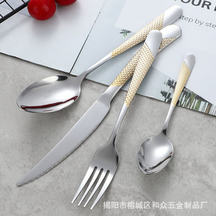 Cross-border 410 stainless steel water gold-plated Star diamond steak knife Western food spoon Fork tea spoon hotel restaurant steak knife spoon Fork