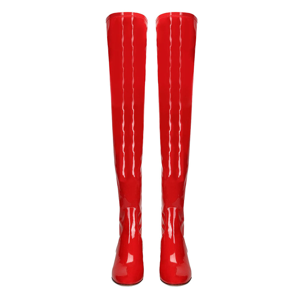 Over the knee boots Red patent leather women's plus leg boots with square heels and zippers_voghion.com
