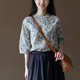 印花衬衫森系文艺复古中式立领衬衣女七分袖2026夏季宽松舒适上衣
