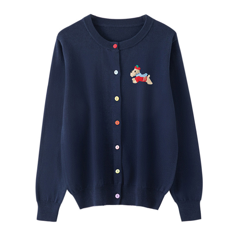 100% Pure Cotton Long-Sleeve Women's Round-Neck Cardigan Knitwear with Embroidered Little Horse Design, Plus-Size Versatile Jacket for Plus-Size Women