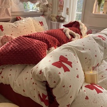 新款云感纱豆豆绒四件套A面水洗棉+B面豆豆牛奶绒被套床单三件套