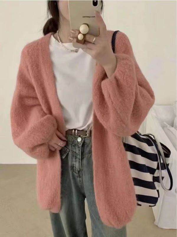 欧美跨境中长款毛衣女外套秋冬季新款纯色休闲慵懒风宽松针织开衫|undefined