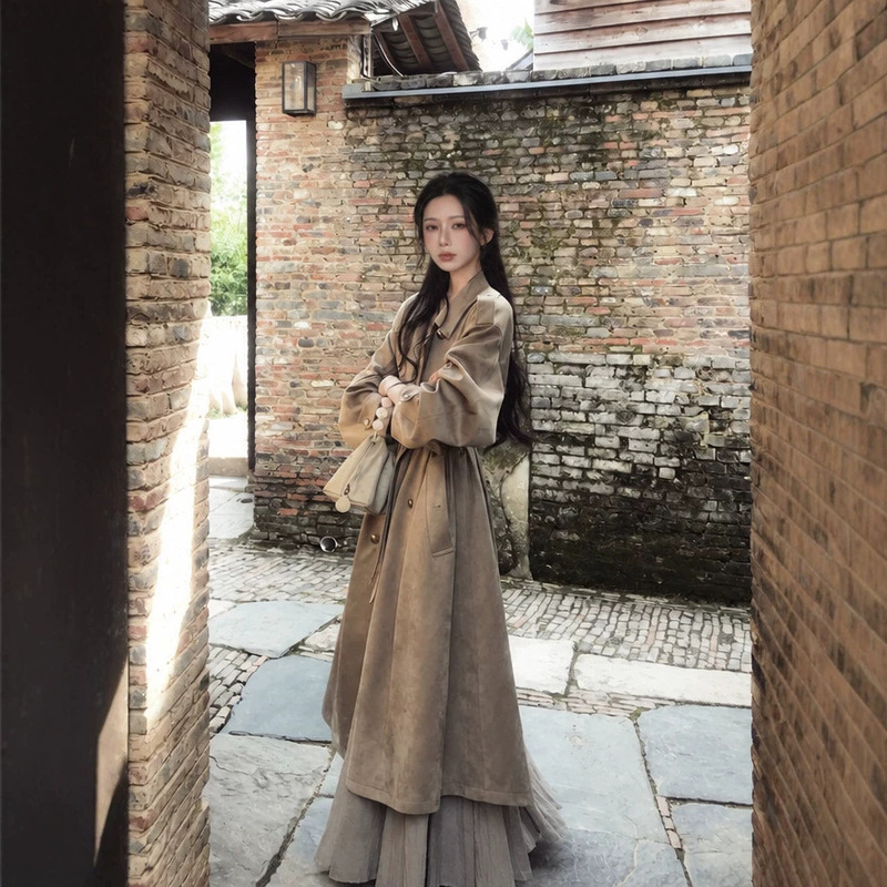 ICELO women's retro double-breasted long suede trench coat, autumn new style, elegant and fitted