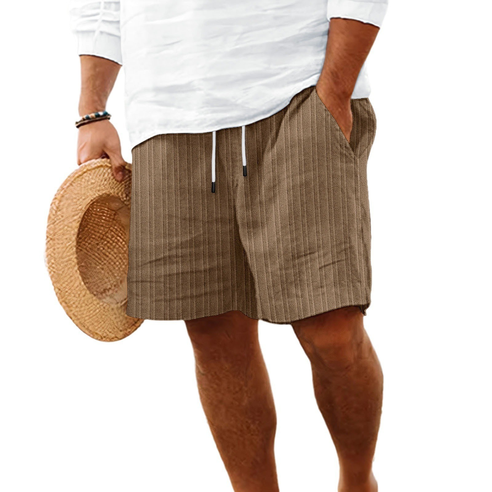 Men's Cross-Border Amazon Independent Site Cotton and Linen Shorts with Multiple Pockets, Drawstring Beach Shorts, Sports Breathable Summer Casual Wear